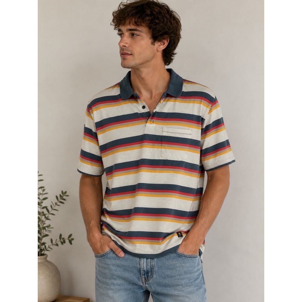 Roark Men Large Striped Cotton Polo Shirt Short Sleeve Multi Color Chest Pocket